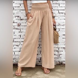 Khaki smocked wide waistband high waste wide leg pants